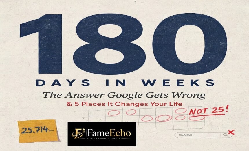 A calendar and digital clock infographic showing 180 days equals 25 weeks and 5 days — visual time conversion chart