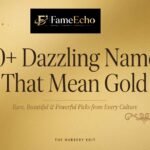 A collection of golden-themed baby name cards arranged on a warm marble surface representing names that mean gold