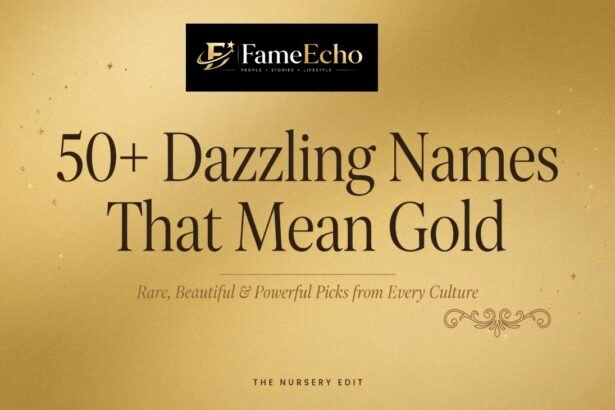 A collection of golden-themed baby name cards arranged on a warm marble surface representing names that mean gold