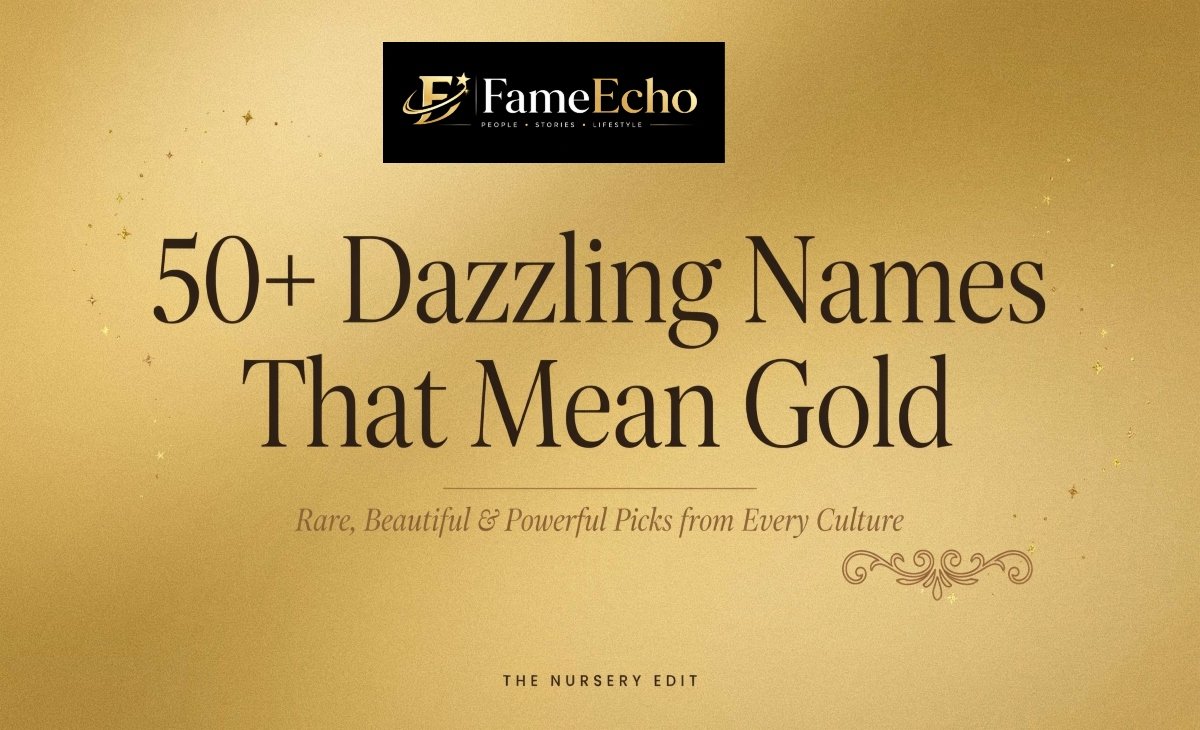 A collection of golden-themed baby name cards arranged on a warm marble surface representing names that mean gold