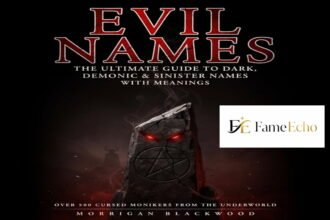 A dark, atmospheric illustration featuring evil names from mythology and demonology surrounded by shadowy flames