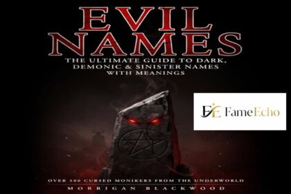 A dark, atmospheric illustration featuring evil names from mythology and demonology surrounded by shadowy flames
