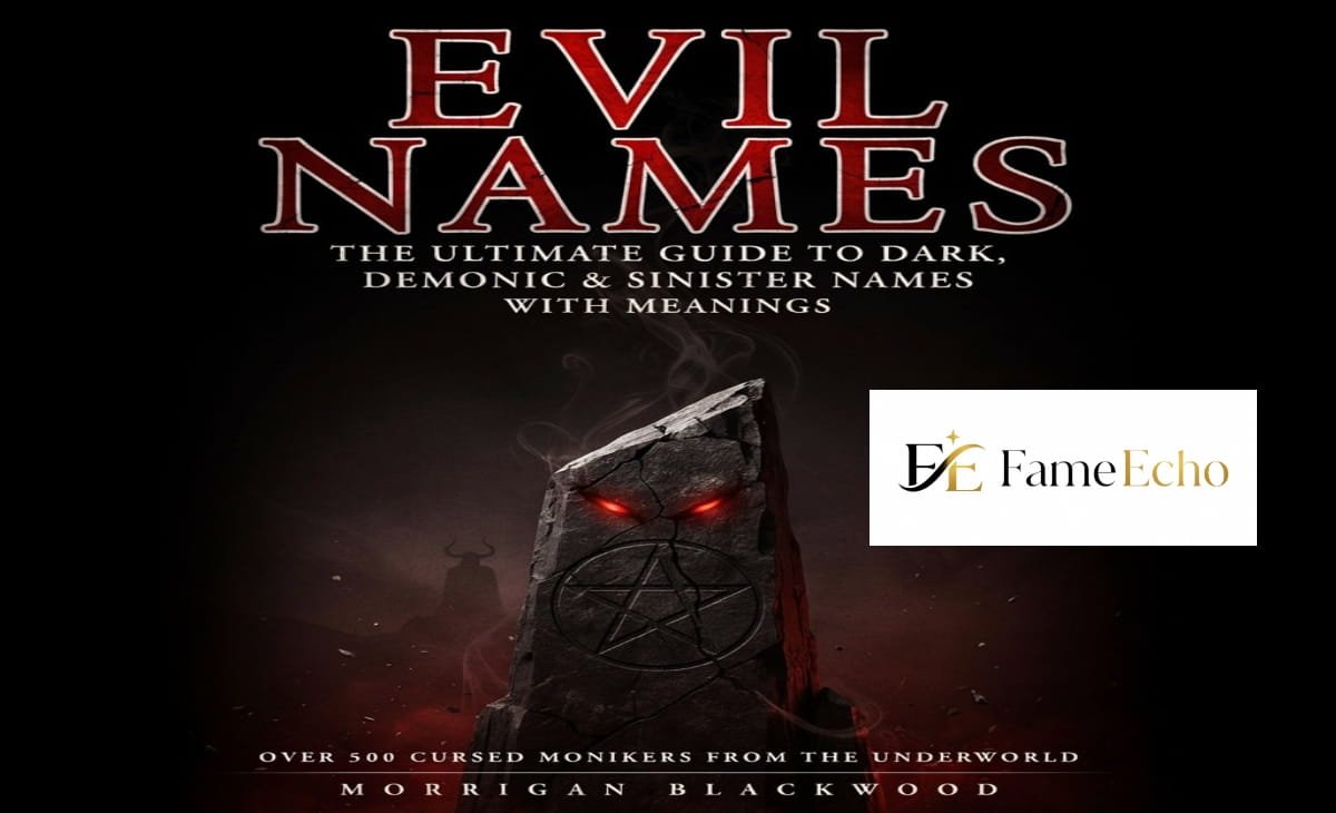 A dark, atmospheric illustration featuring evil names from mythology and demonology surrounded by shadowy flames