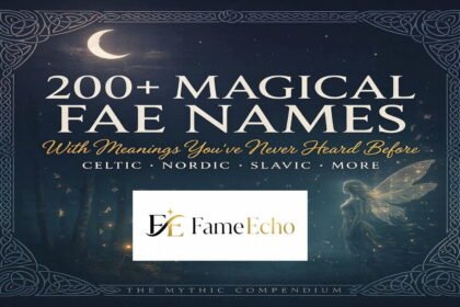 Ethereal fae names written in glowing script surrounded by Celtic forest and fairy lights