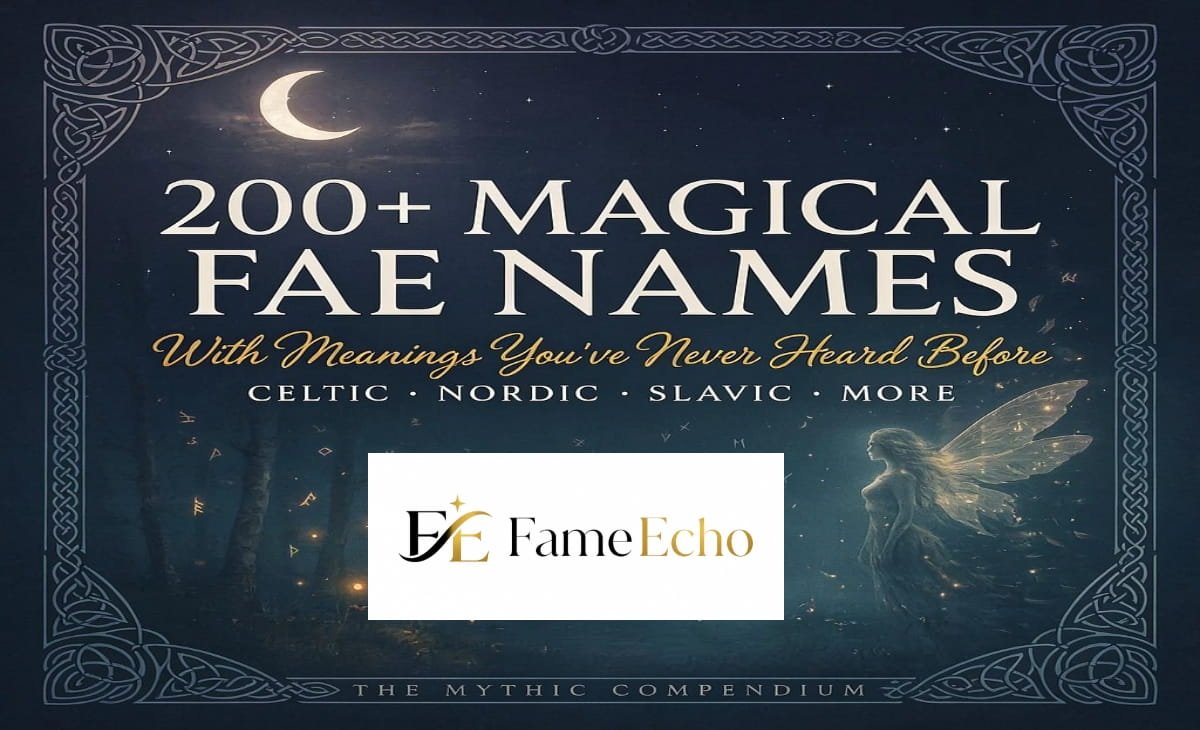 Ethereal fae names written in glowing script surrounded by Celtic forest and fairy lights