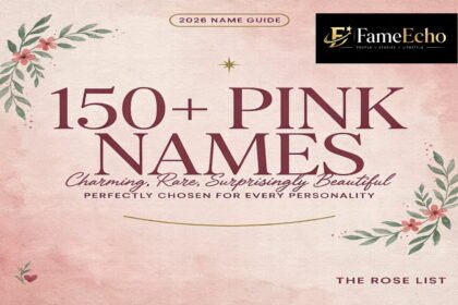 Collection of pink names including Rose, Sakura, Coral, and Peony displayed in elegant pink typography