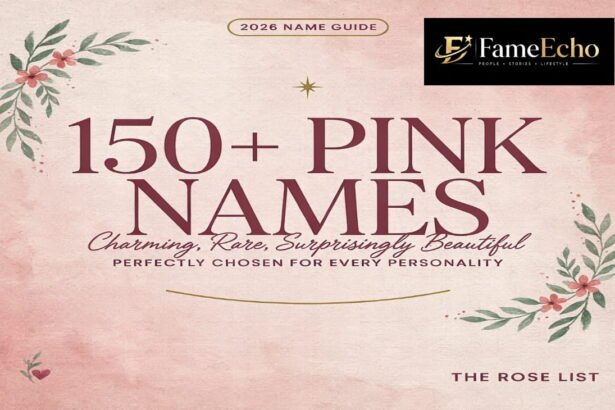 Collection of pink names including Rose, Sakura, Coral, and Peony displayed in elegant pink typography