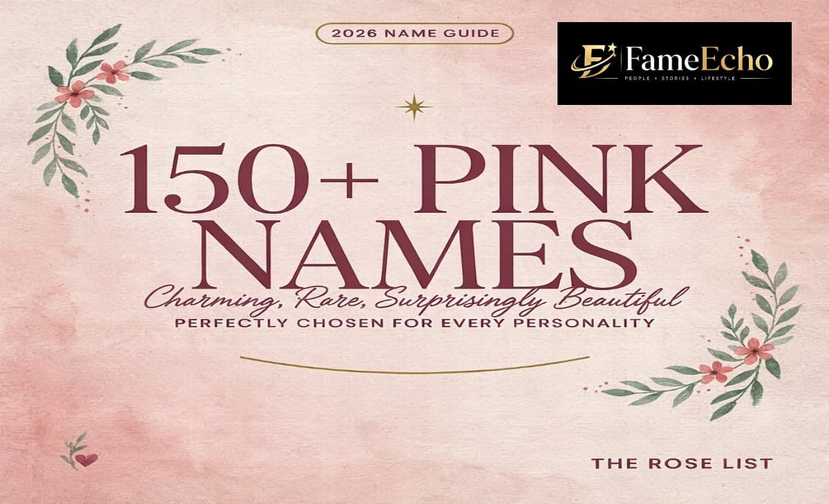 Collection of pink names including Rose, Sakura, Coral, and Peony displayed in elegant pink typography