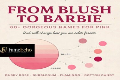 A color palette chart showing 60+ names for pink shades including blush, fuchsia, mauve, hot pink, dusty rose, and magenta