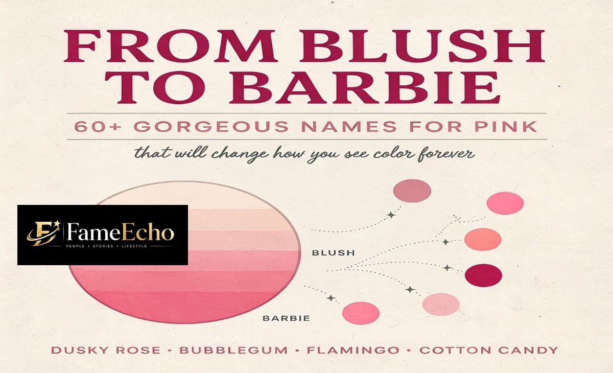 A color palette chart showing 60+ names for pink shades including blush, fuchsia, mauve, hot pink, dusty rose, and magenta