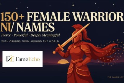 Female warrior names illustrated — fierce women warriors from Greek, Norse, Celtic, and Japanese mythology holding weapons and armor