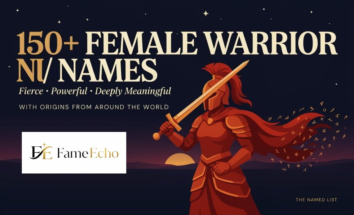 Female warrior names illustrated — fierce women warriors from Greek, Norse, Celtic, and Japanese mythology holding weapons and armor