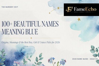 Blue-toned illustration of gemstones, ocean waves, and flowers representing baby names meaning blue