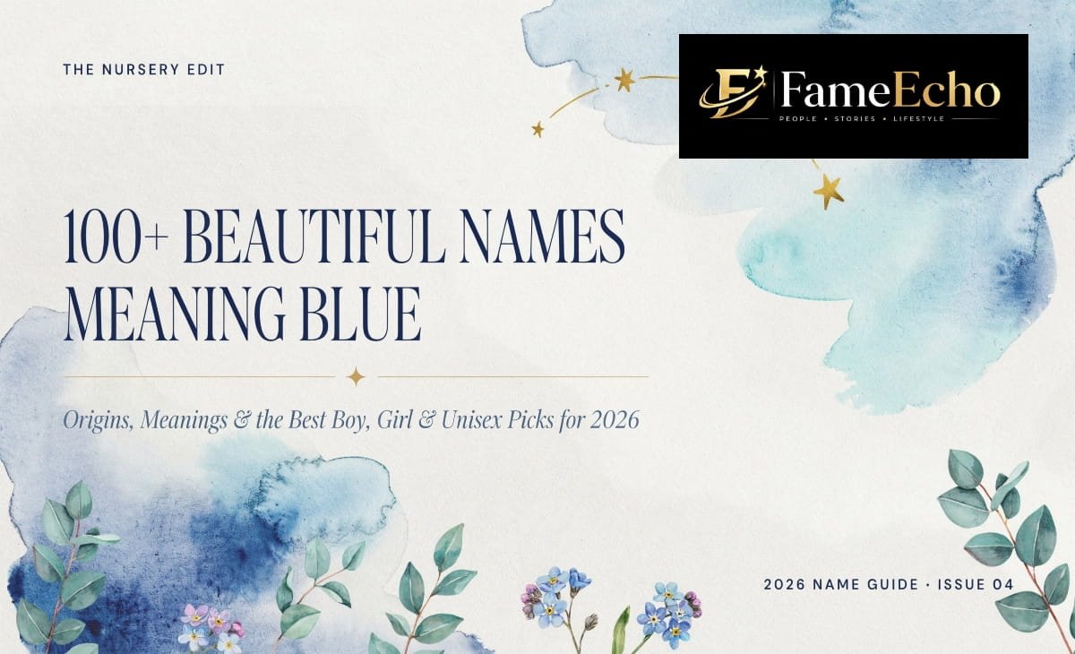Blue-toned illustration of gemstones, ocean waves, and flowers representing baby names meaning blue
