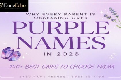 A collection of purple-themed names written in elegant typography surrounded by violet flowers, lavender sprigs, and amethyst gemstones