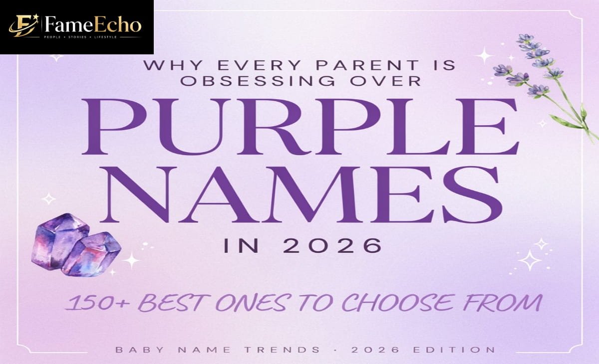 A collection of purple-themed names written in elegant typography surrounded by violet flowers, lavender sprigs, and amethyst gemstones