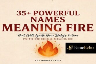 Collage of baby names meaning fire with flames and cultural symbols in the background