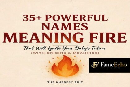 Collage of baby names meaning fire with flames and cultural symbols in the background