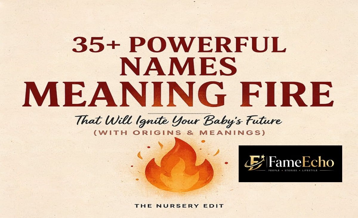 Collage of baby names meaning fire with flames and cultural symbols in the background