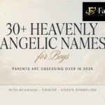 Angelic names for males written in golden light with a celestial angel in the background