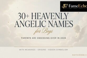 Angelic names for males written in golden light with a celestial angel in the background