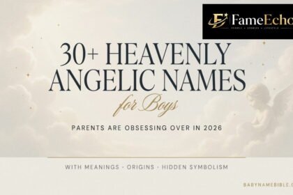 Angelic names for males written in golden light with a celestial angel in the background