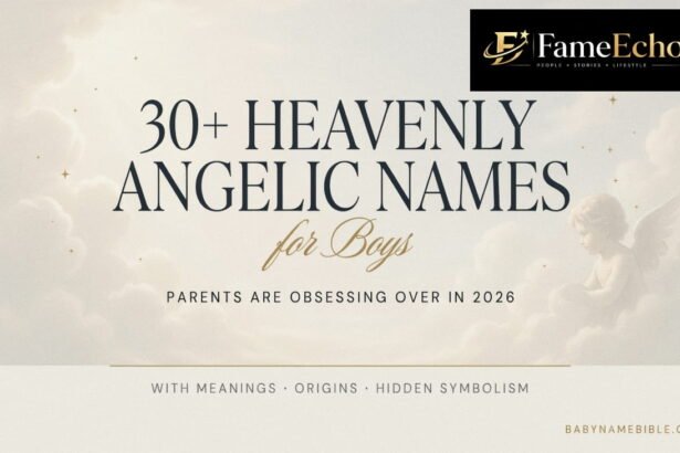 Angelic names for males written in golden light with a celestial angel in the background