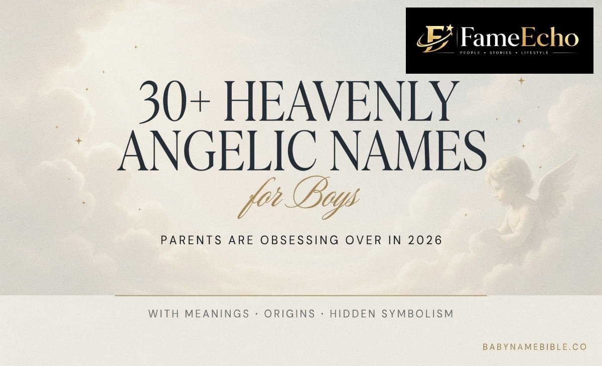 Angelic names for males written in golden light with a celestial angel in the background