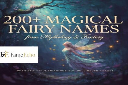 Illustrated fairy with glowing wings surrounded by flowers and magical forest light
