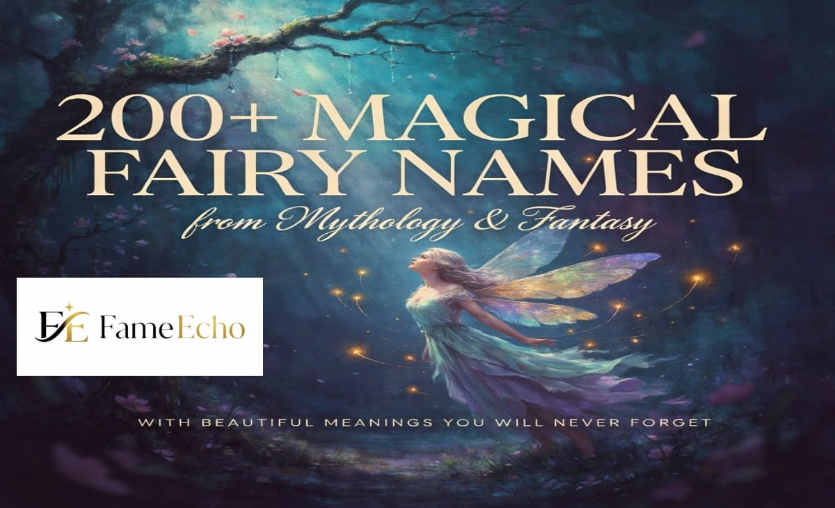 Illustrated fairy with glowing wings surrounded by flowers and magical forest light