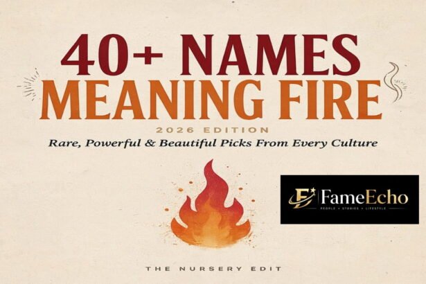 A glowing fire flame with ancient symbols representing baby names meaning fire from different cultures