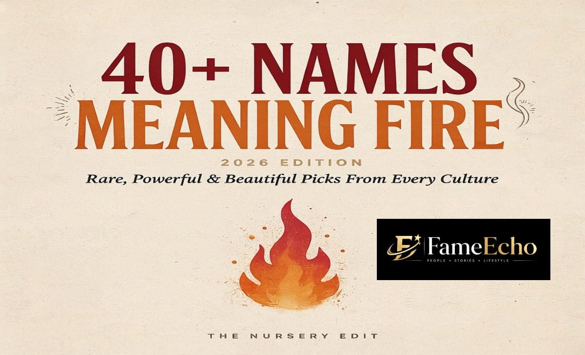 A glowing fire flame with ancient symbols representing baby names meaning fire from different cultures