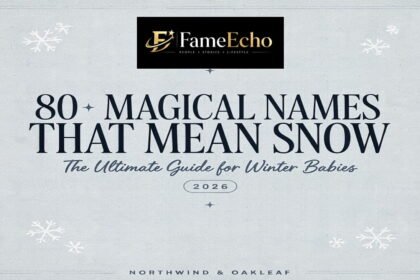 A collection of beautiful snow-inspired baby names written in elegant typography against a soft winter background
