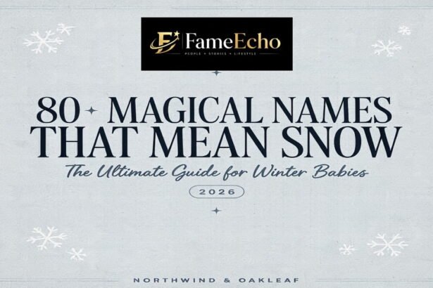 A collection of beautiful snow-inspired baby names written in elegant typography against a soft winter background