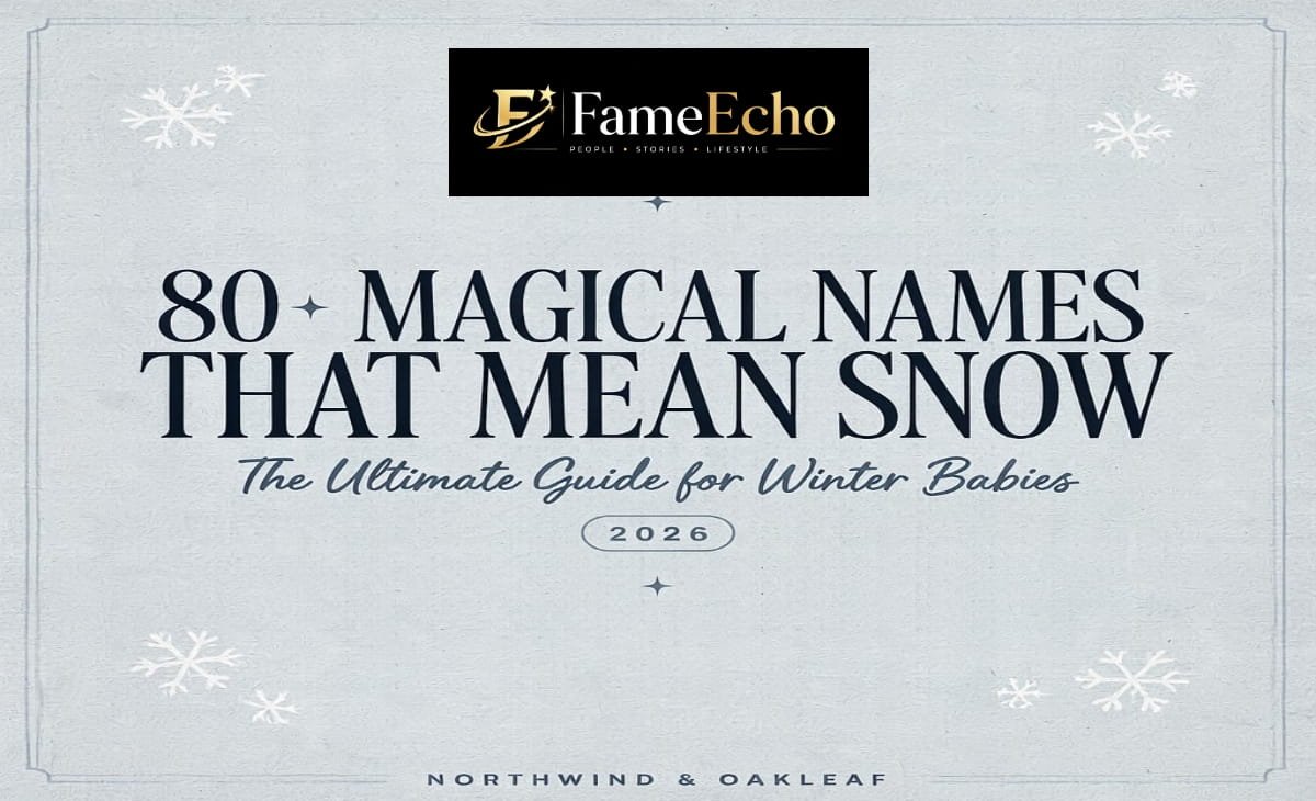 A collection of beautiful snow-inspired baby names written in elegant typography against a soft winter background