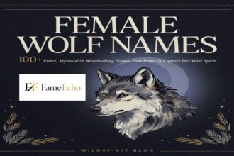 A majestic female wolf standing on a snowy rock at dusk with glowing amber eyes