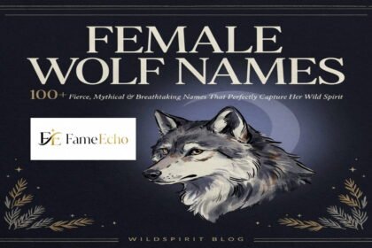 A majestic female wolf standing on a snowy rock at dusk with glowing amber eyes