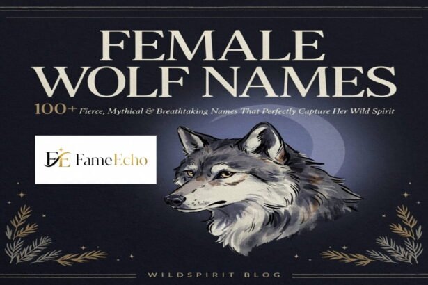 A majestic female wolf standing on a snowy rock at dusk with glowing amber eyes