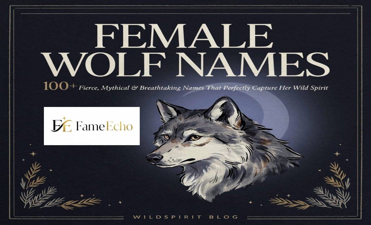 A majestic female wolf standing on a snowy rock at dusk with glowing amber eyes